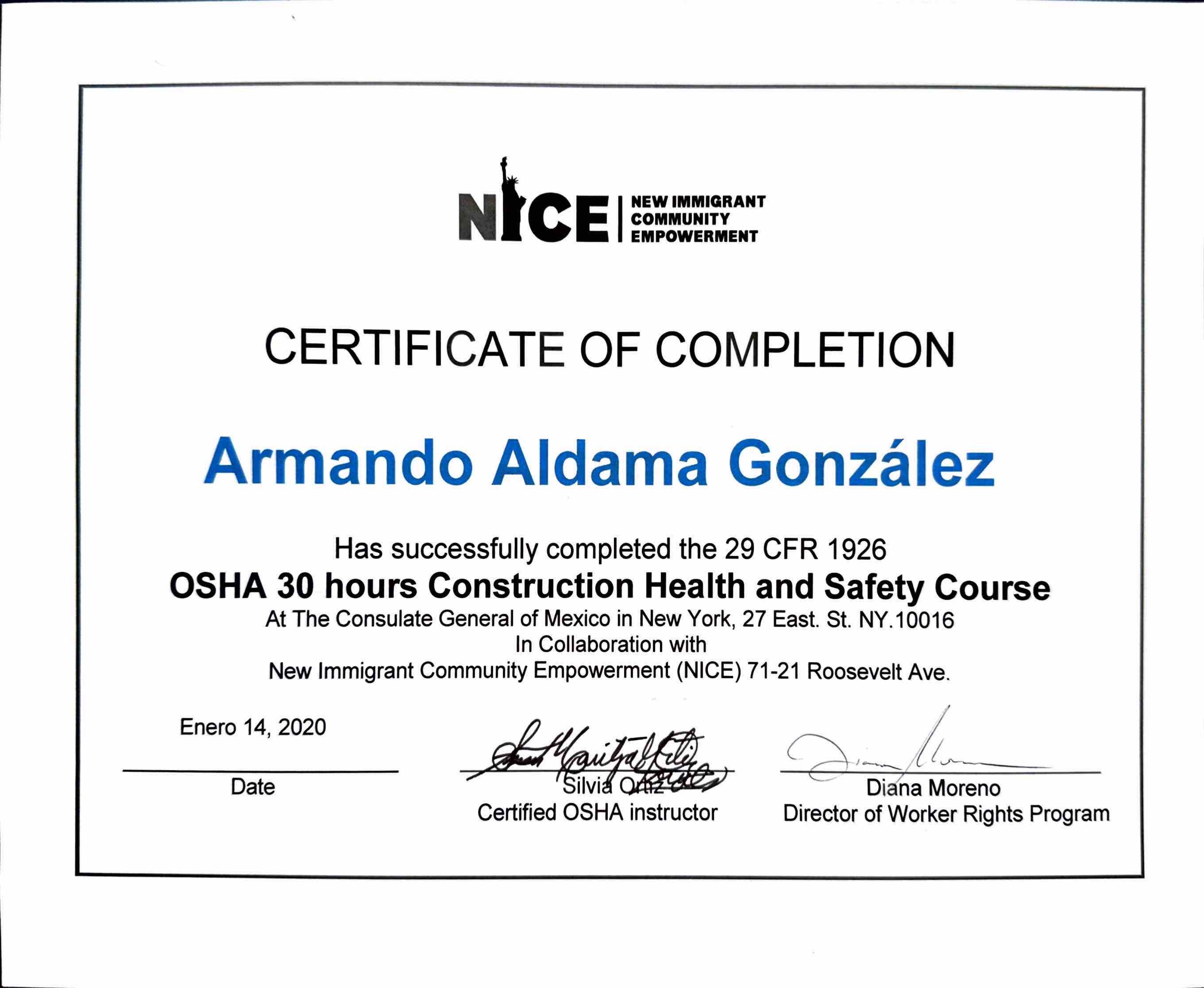 Certificado OSHA 30 - Armando Aldama